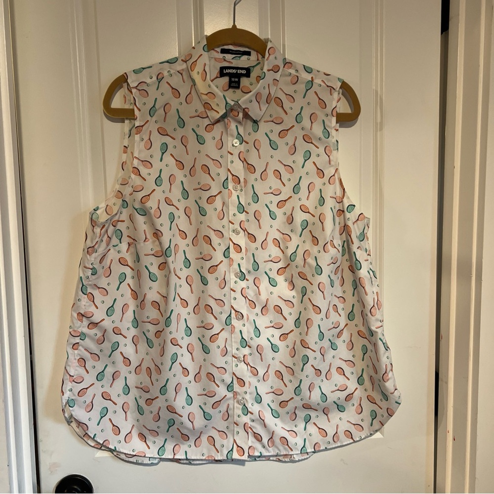 Lands' End Sleeveless Blouse with Racket Print - White and Coral